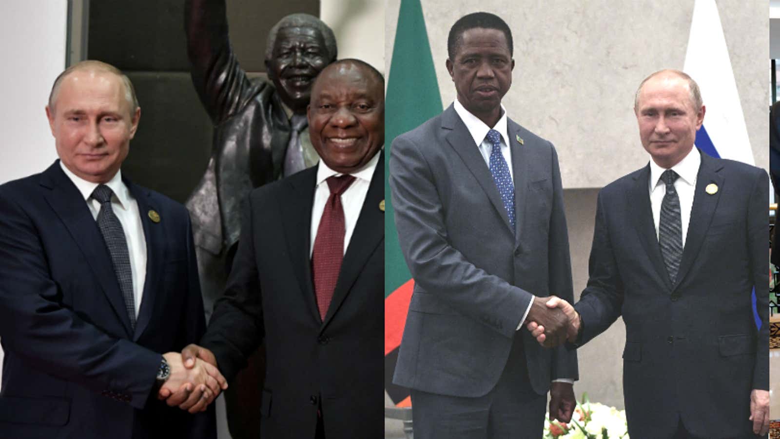 Russian president Vladmir Putin with South Africa’s Cyril Ramaphosa; (R) with president Edgar Lungu of Zambia