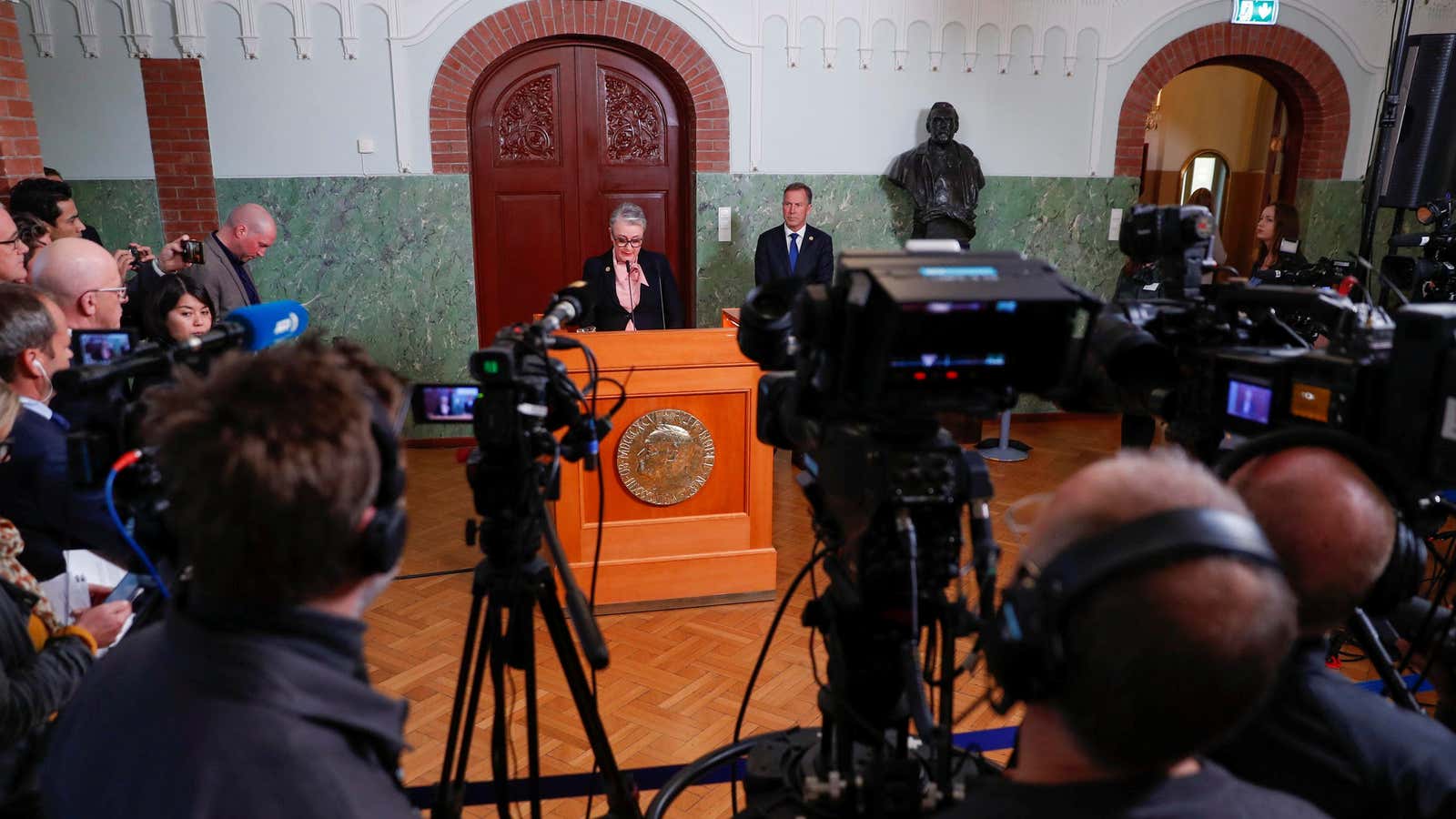 Berit Reiss-Andersen, chair of the Nobel committee, announces the 2019 Prize