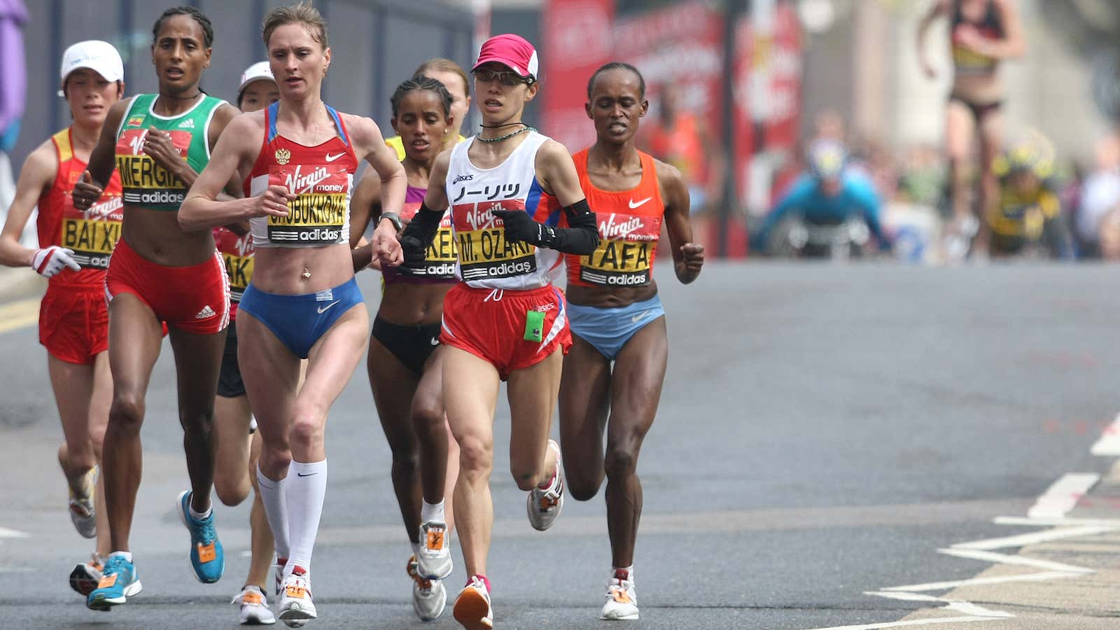 Liliya Shobukhova, accused of participating in Russian doping scandal, leads the women’s marathon at the 2010 London Olympics.