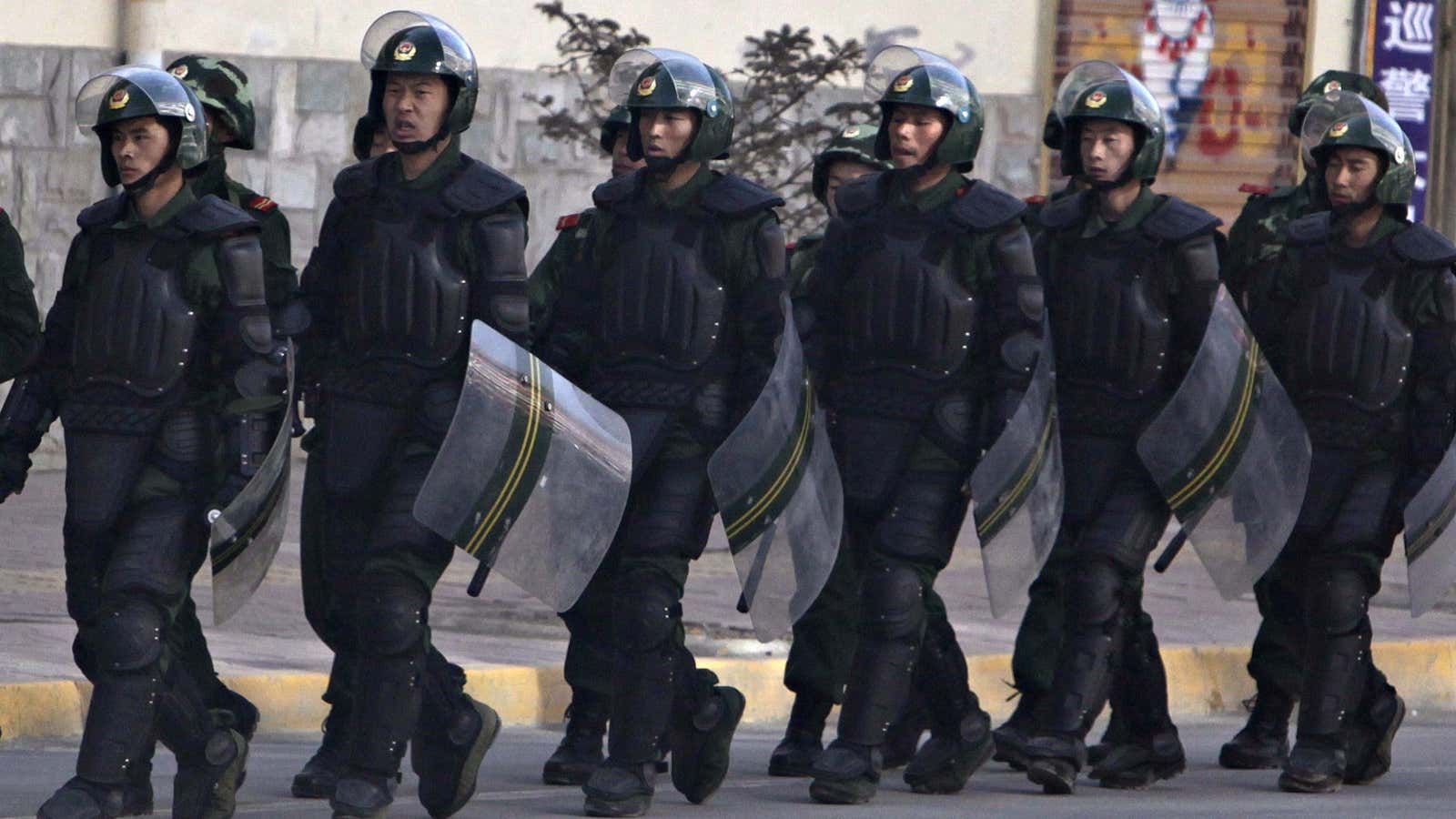 Riot police patrol in Xiahe county in 2009.