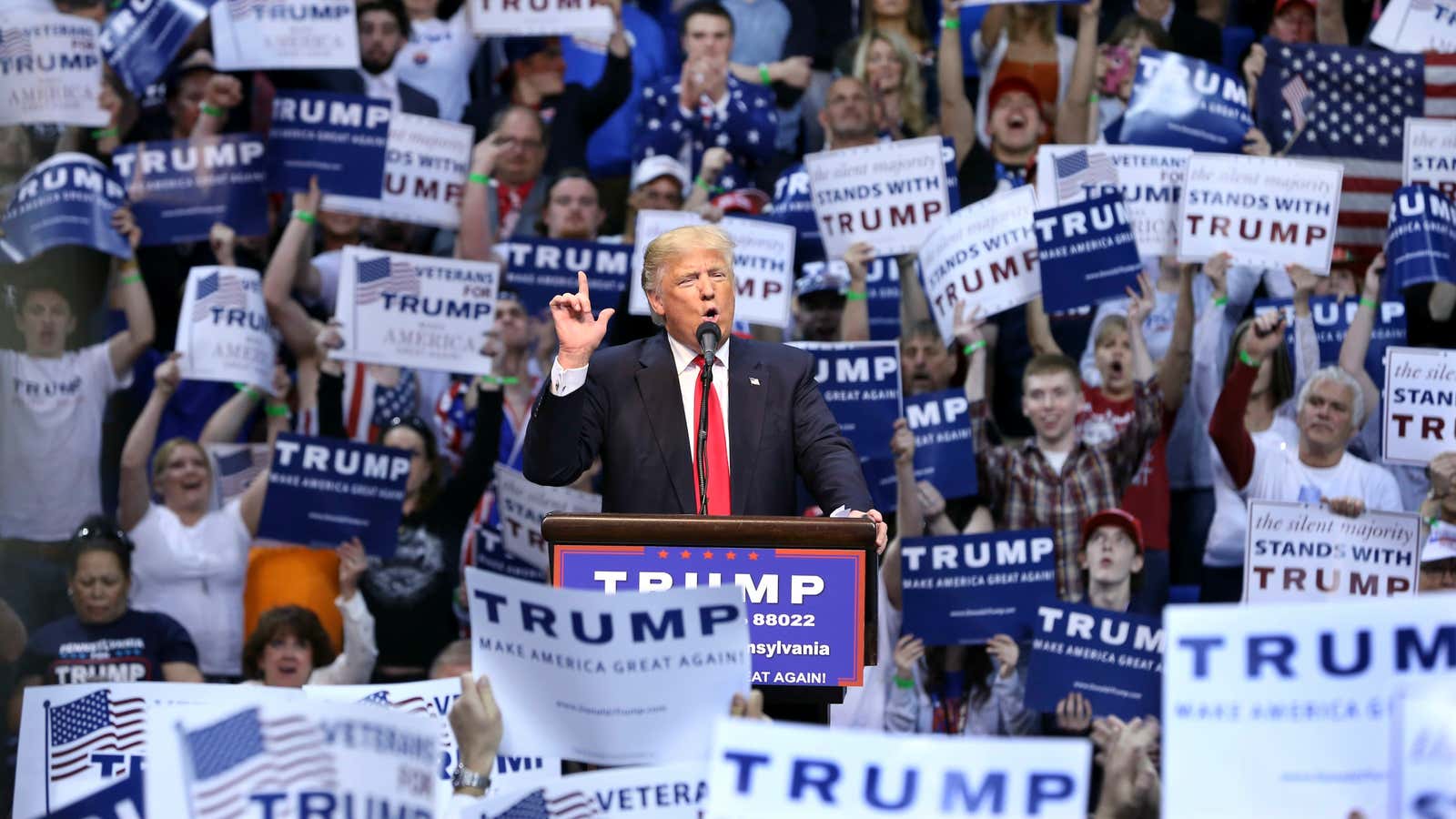 Donald Trump speaks to voters in Wilkes-Barre, Pennsylvania, ahead of a victory in that state’s Tuesday primary.