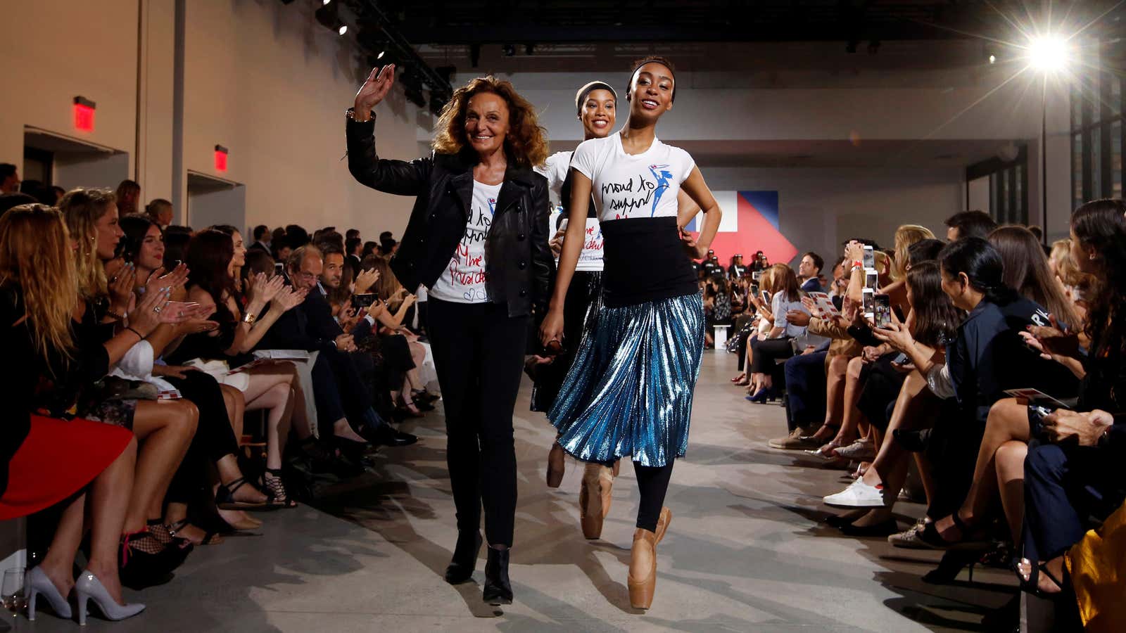 Designer, CFDA chairwoman, and immigrant, Diane von Furstenberg, on the runway in New York.