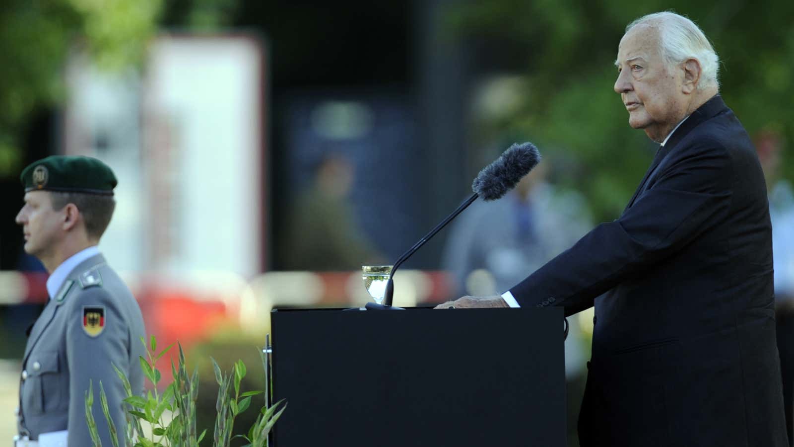 Ewald-Heinrich von Kleist delivers a speech as part of a German Army Bundeswehr ceremony at the Reichstag in Berlin.