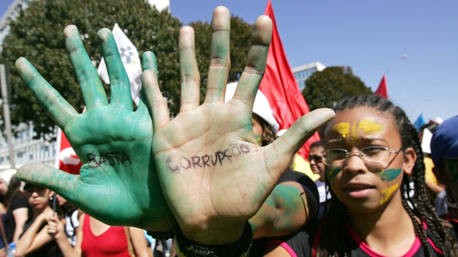 University students protest against corruption showing their hands reading the words “Stop the Corruption”, in Brasilia, Brazil, on Aug 16, 2005. President Luiz Inacio Lula…