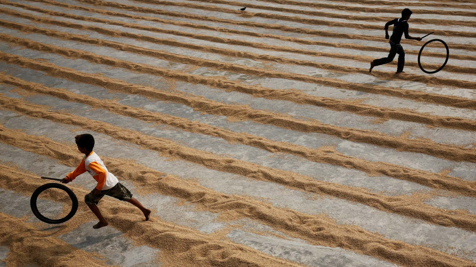 Children play with bicycle tires at a rice-processing mill in Muktarpur, on the outskirt of Dhaka, Bangladesh, December 29, 2016. REUTERS/ Mohammad Ponir Hossain