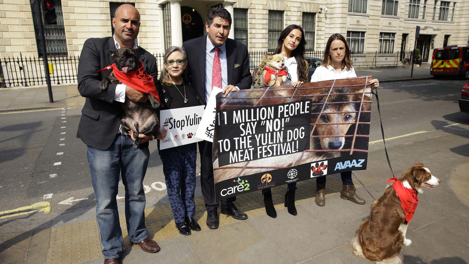 U.S. actress Carrie Fisher, second left, with her dog Gary being held by television vet Marc Abraham, left, pose in a group photograph with, from…