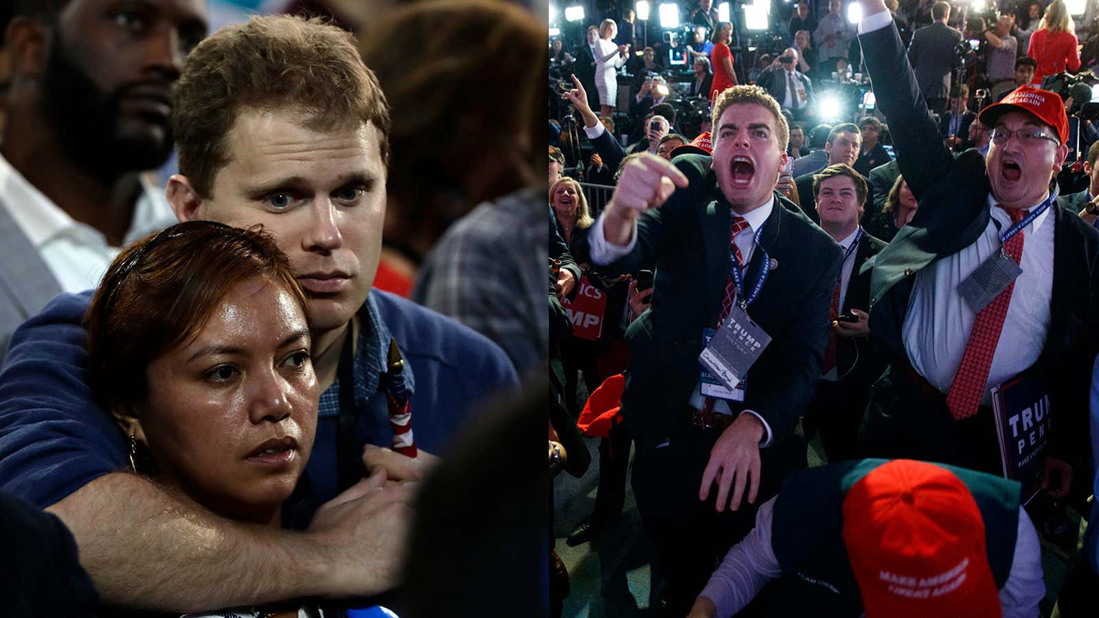 Supporters of Hillary Clinton (left) and Donald Trump (right)