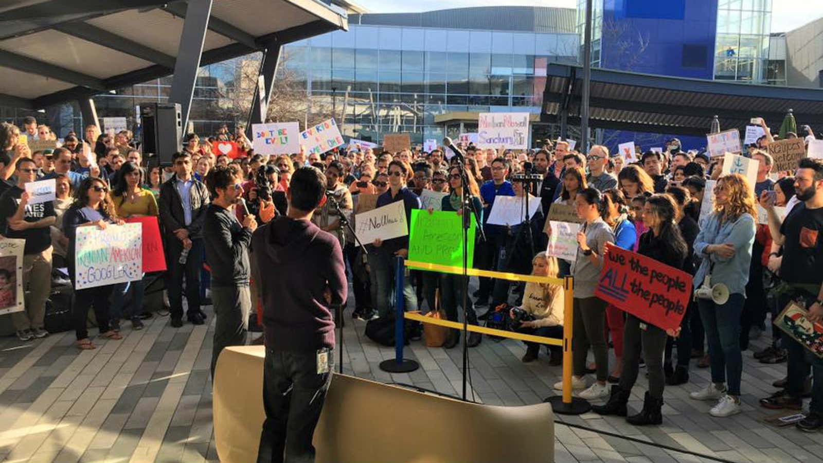 Google co-founder Sergey Brin and CEO Sundar Pichai address the crowd in Mountain View.