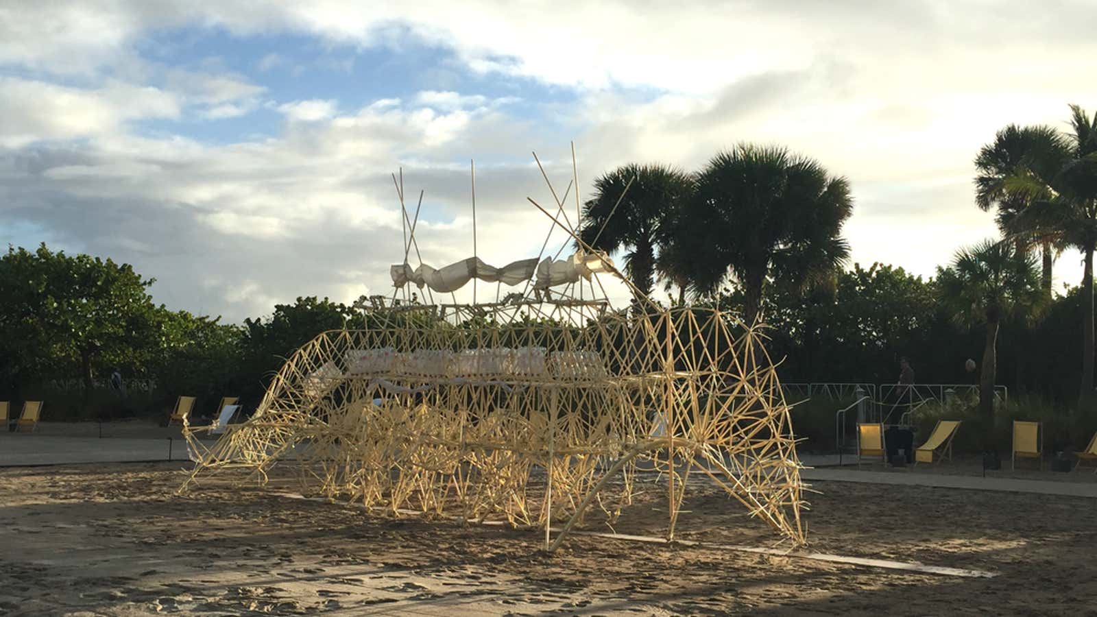 A Strandbeest at rest in Miami.