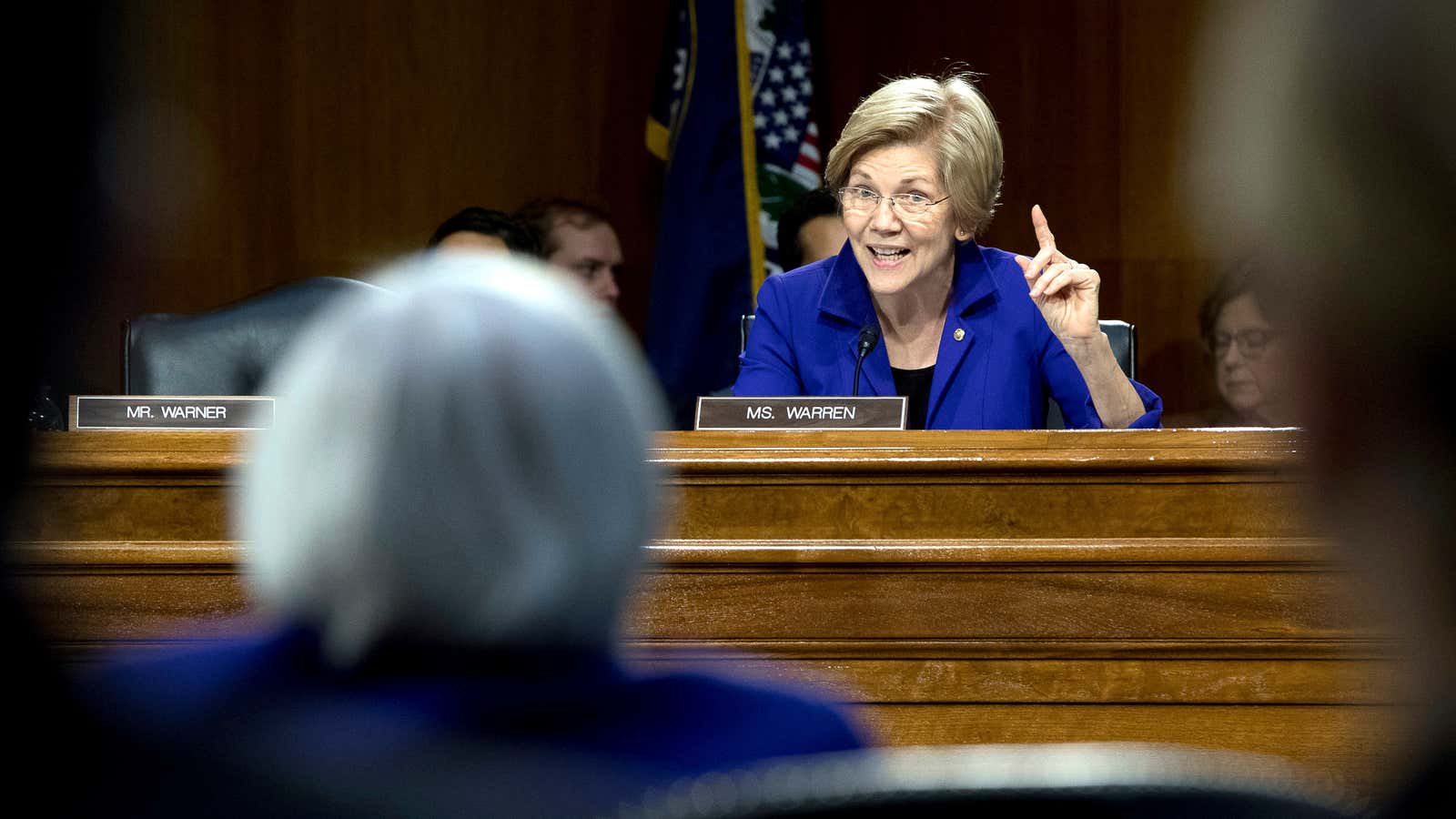 Senate Banking Committee member Sen. Elizabeth Warren, D-Mass., right, questions Federal Reserve Chair Janet Yellen on Capitol Hill in Washington, Tuesday, Feb. 14, 2017, during…