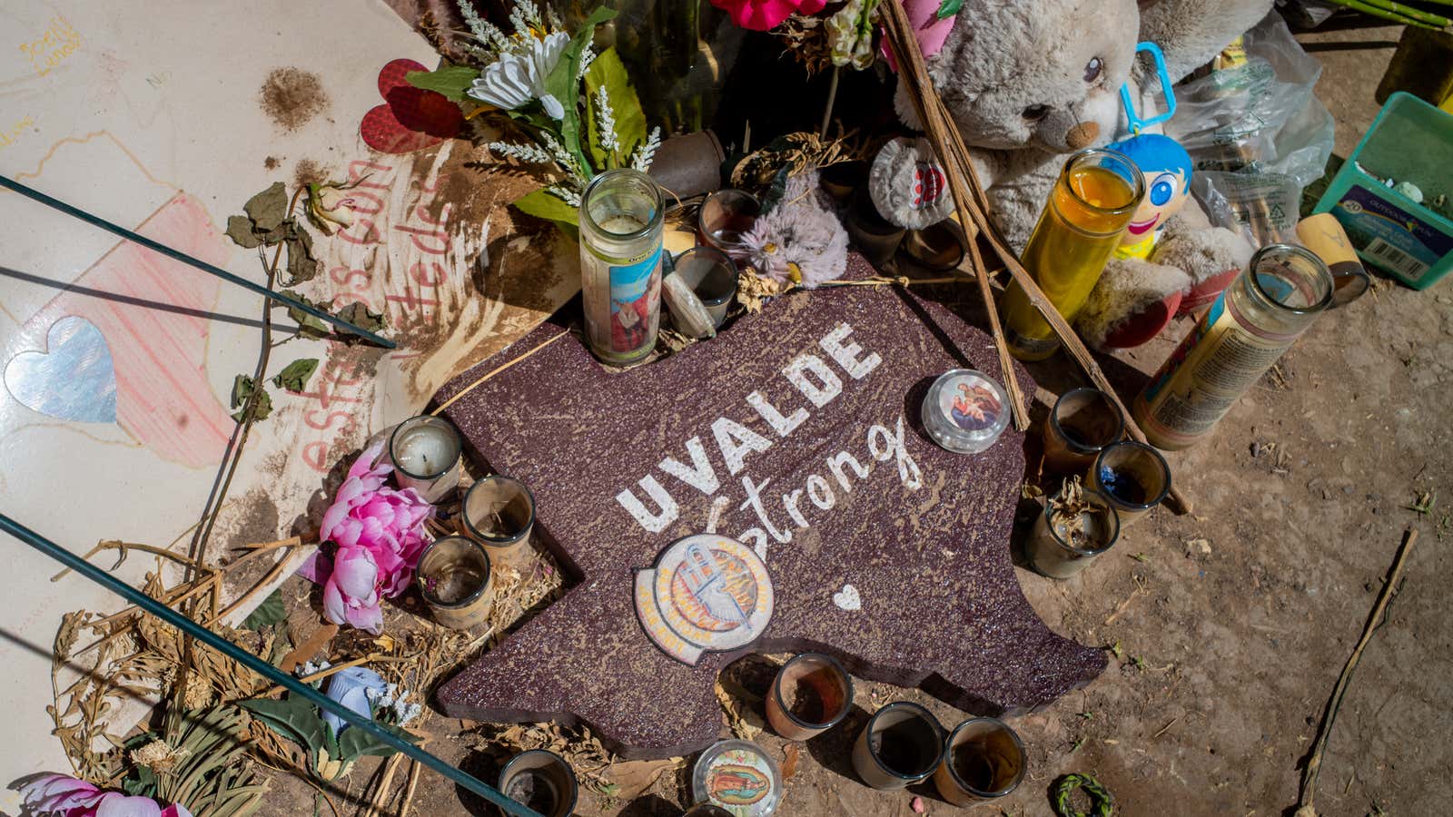 A memorial laid in front of Robb Elementary School in Uvalde, Texas