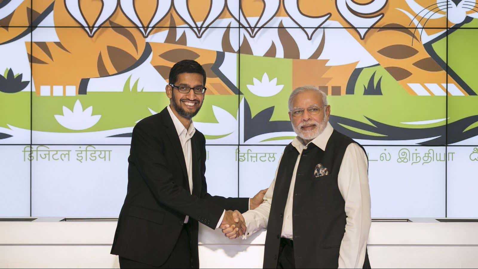 India’s prime minister Narendra Modi shakes hands with Google CEO Sundar Pichai.