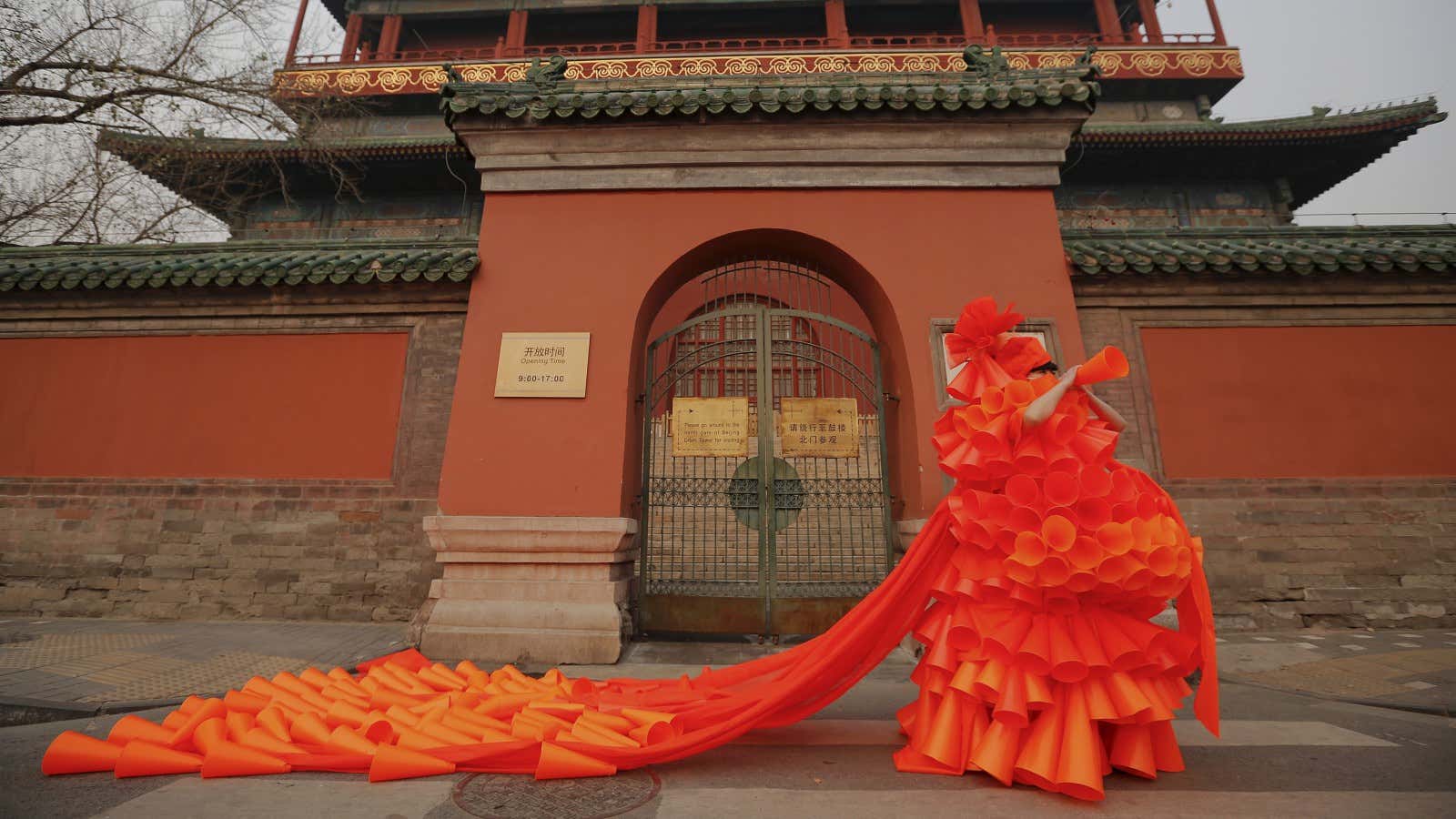 Chinese artist Kong Ning in a performance on the dangers of smog.