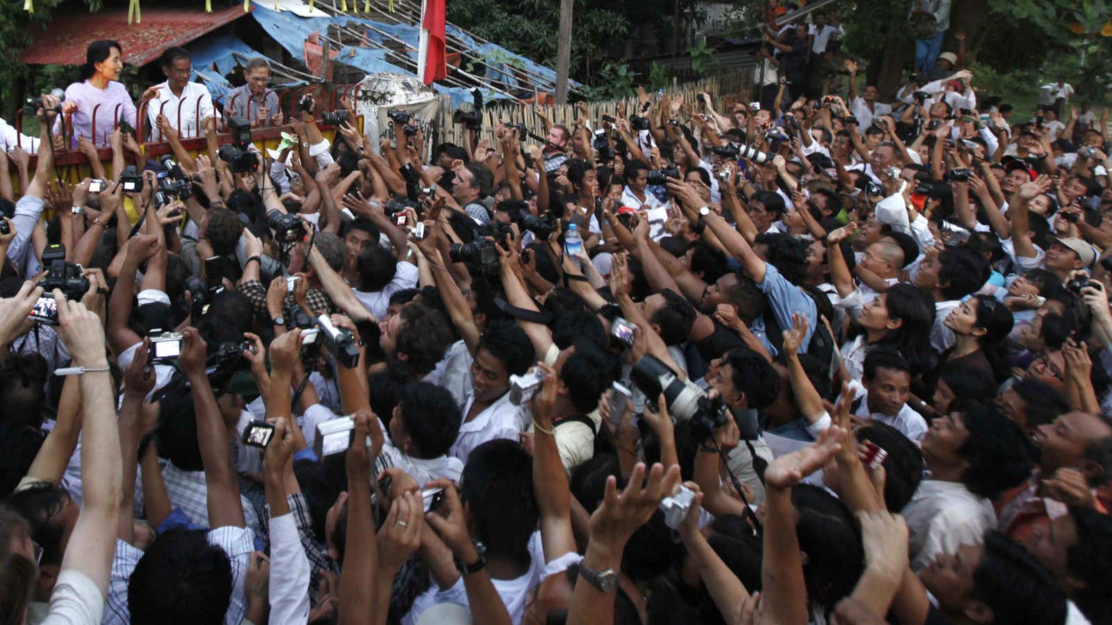 A jubilant crowd greet Aung San Suu Kyi as she is released from house arrest in November 2010.