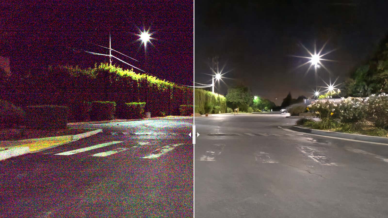 Left, a photo brightened with traditional photo editing software. Right, the same image brightened with deep learning.