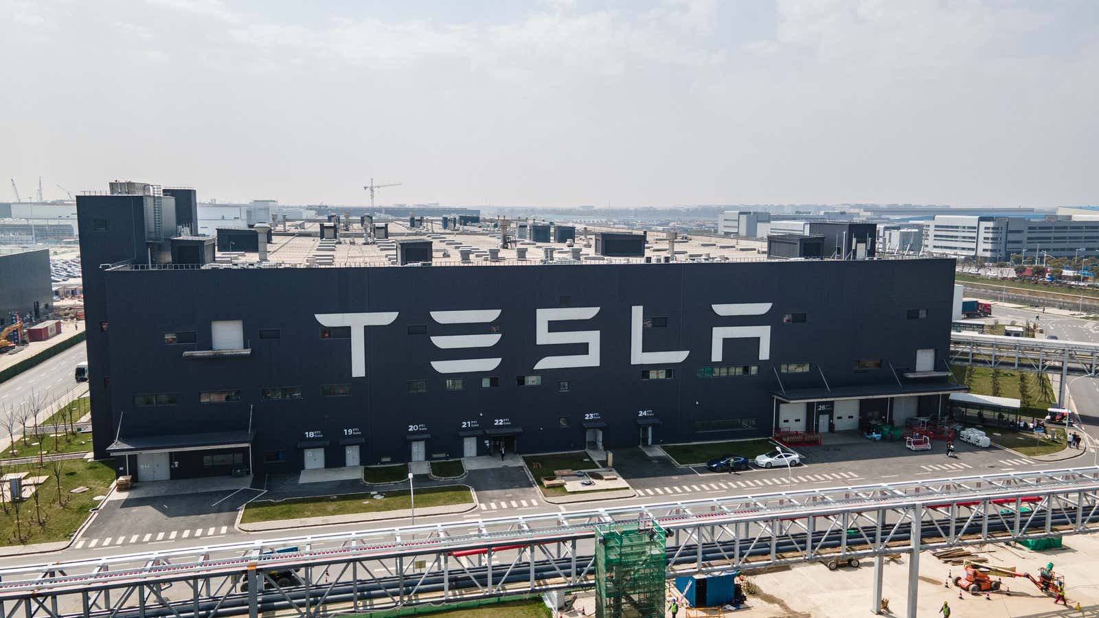 An aerial view of Tesla Shanghai Gigafactory on March 29, 2021 in Shanghai, China.