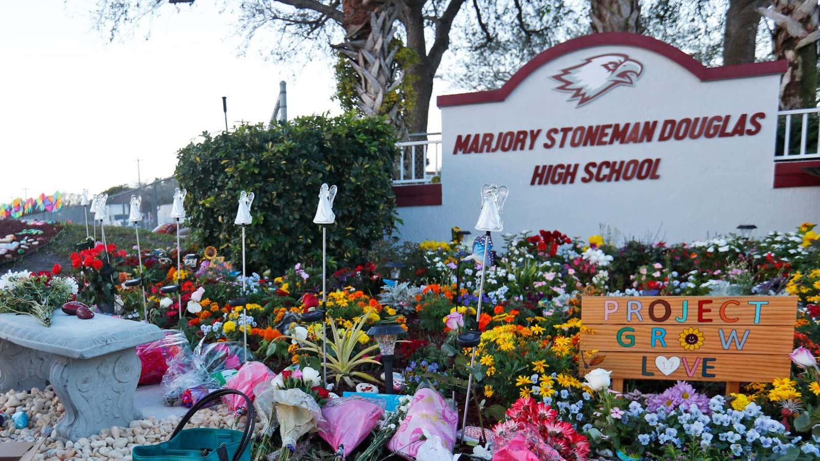 A memorial outside the high school, placed one year after the shooting.