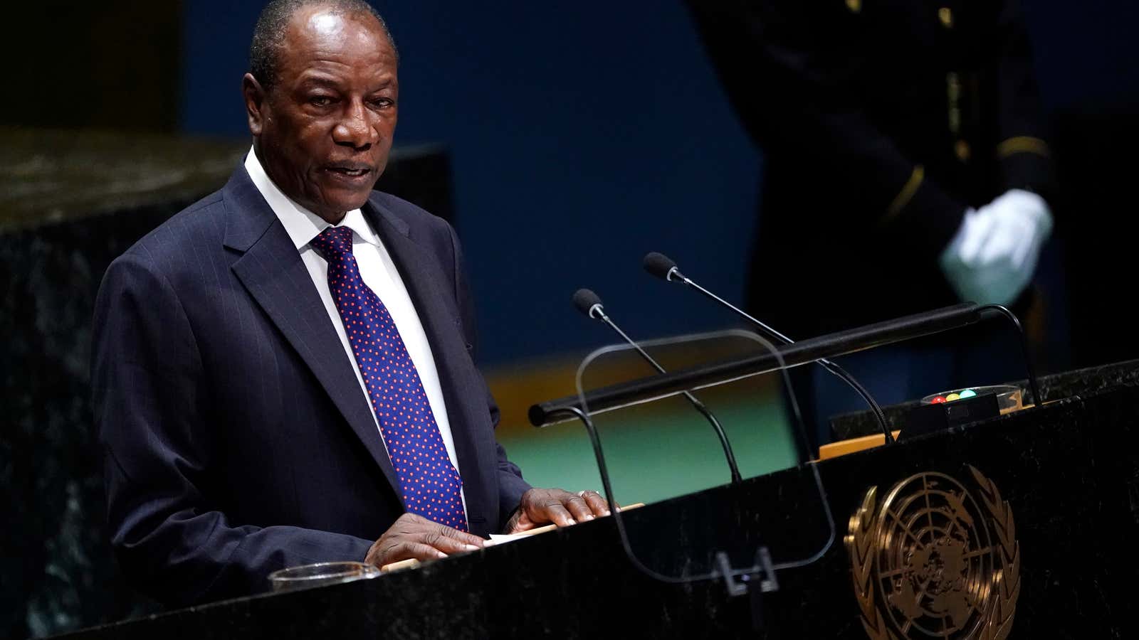 Guinea’s President Alpha Conde, pictured here in 2019, was reportedly detained during the military coup on Sept. 5.