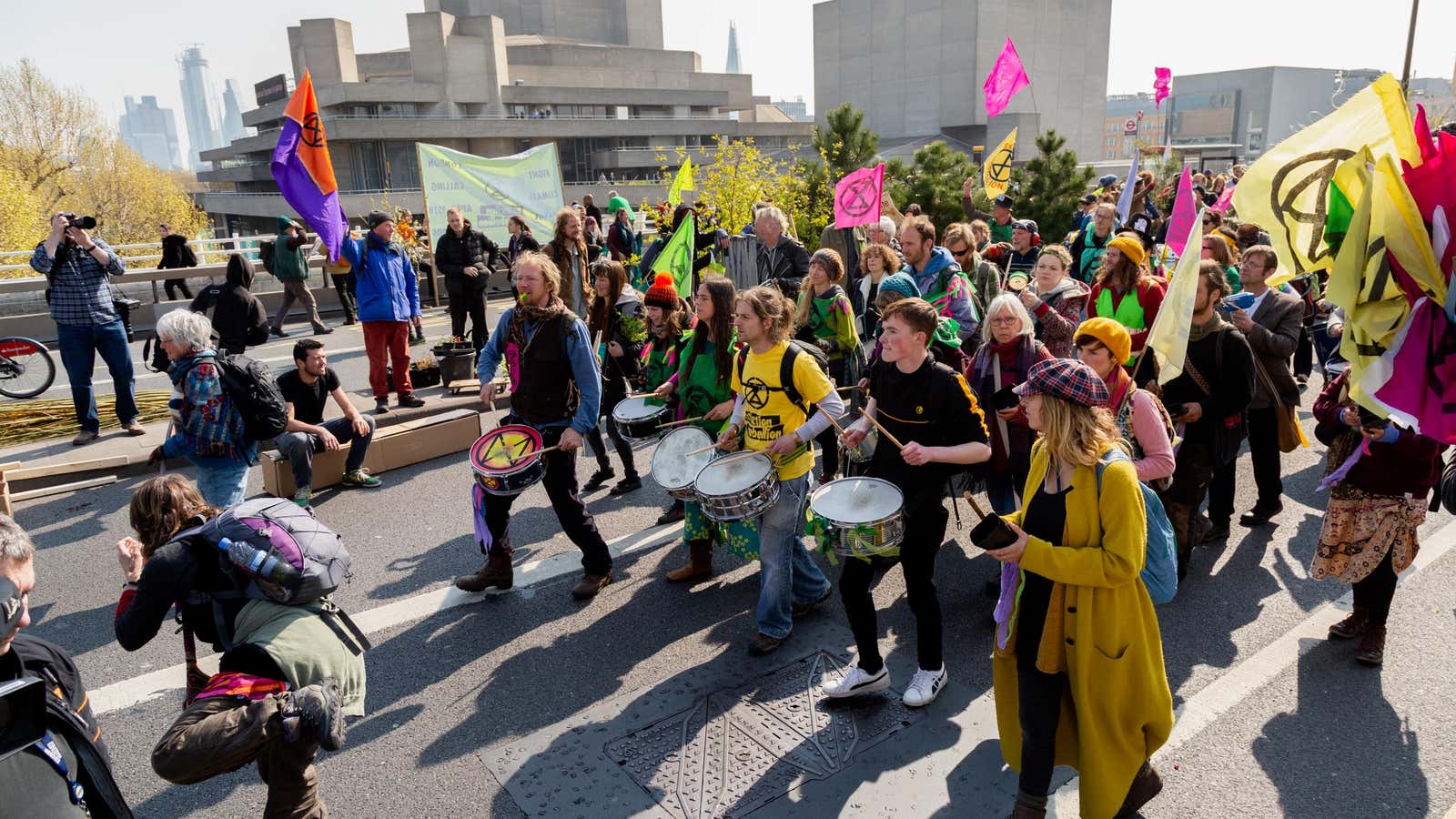 Protestors march down Waterloo Bridge in London on April 15, 2019.