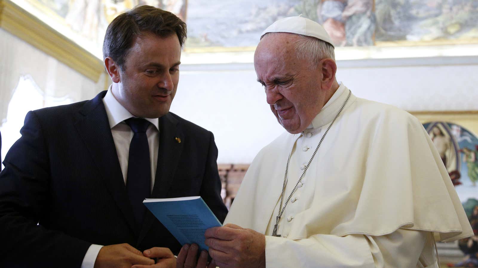 Pope Francis with Luxembourg Prime Minister Xavier Bettel.