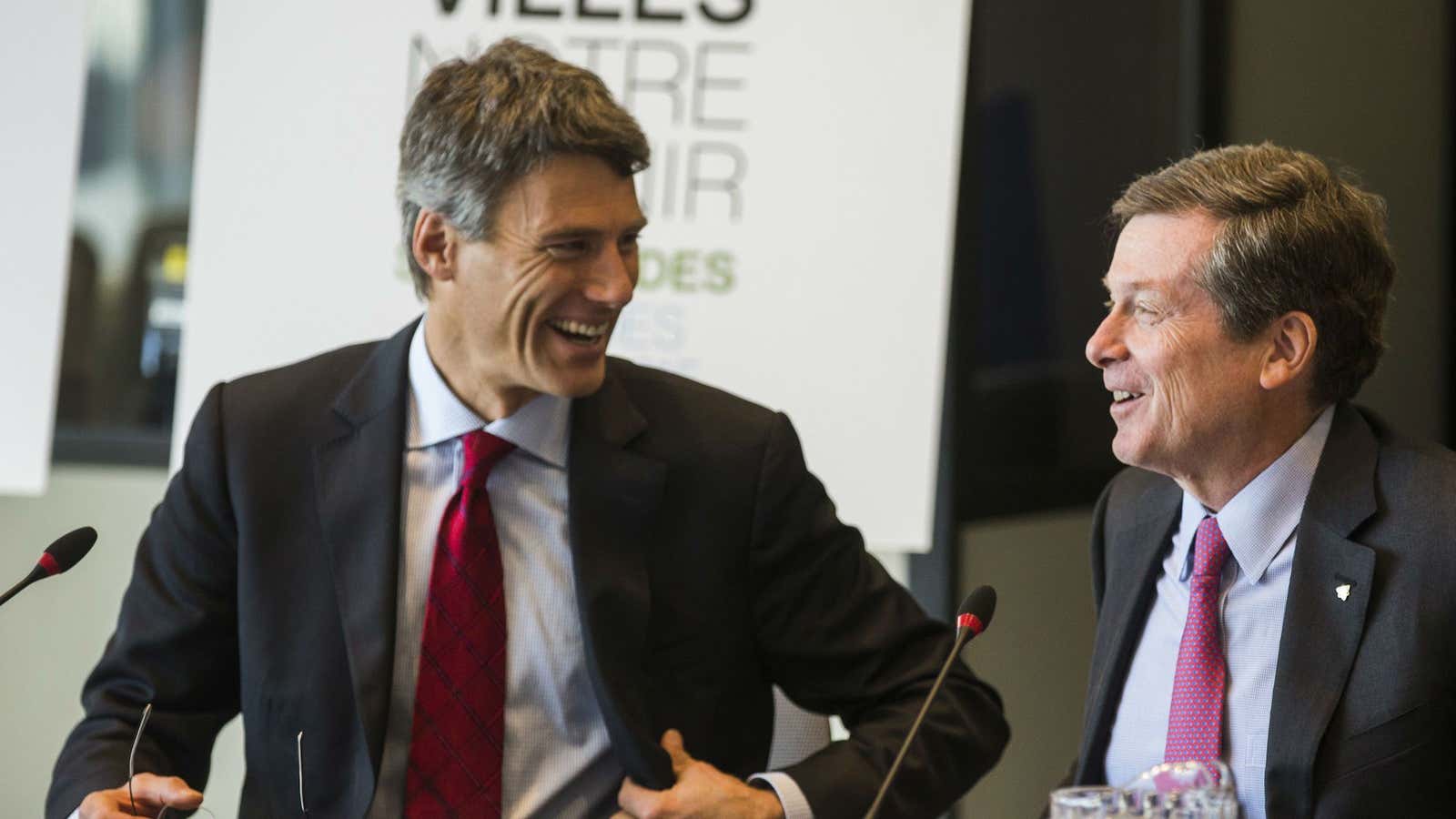 Vancouver mayor Gregor Robertson (left) during the Canadian Federation of Municipalities “Big City Mayors” conference in Toronto in February.