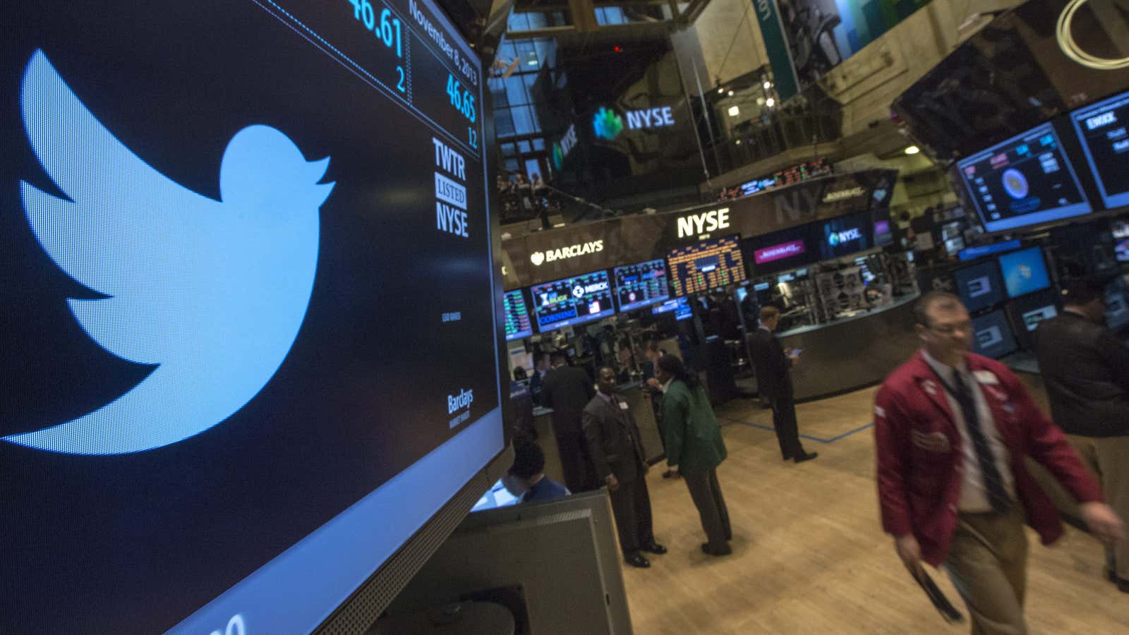 The Twitter logo is displayed on the floor of the New York Stock Exchange.