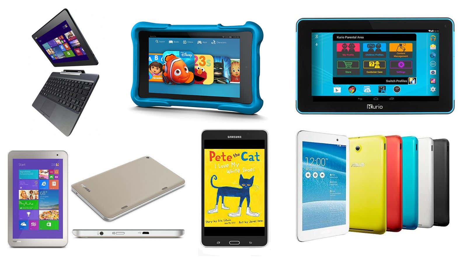 Left to right: ASUS Transformer, Fire HD Kids Edition, Kurio Xtreme, Toshiba Encore, Samsung Galaxy, ASUS MeMo.