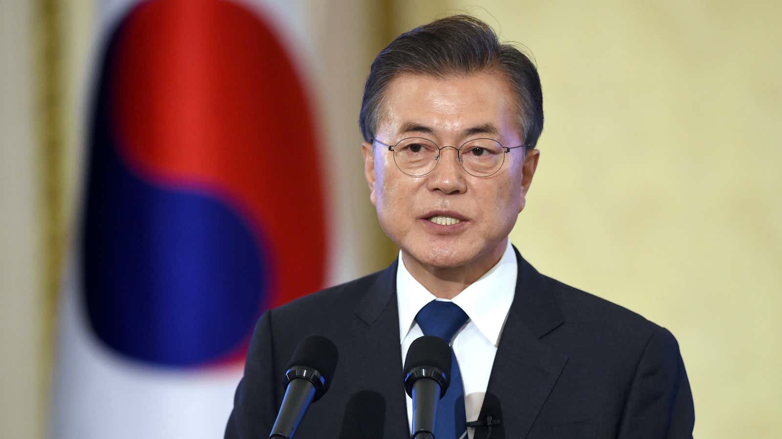 South Korean President Moon Jae-In speaks during a press conference marking his first 100 days in office at the presidential house in Seoul on August…