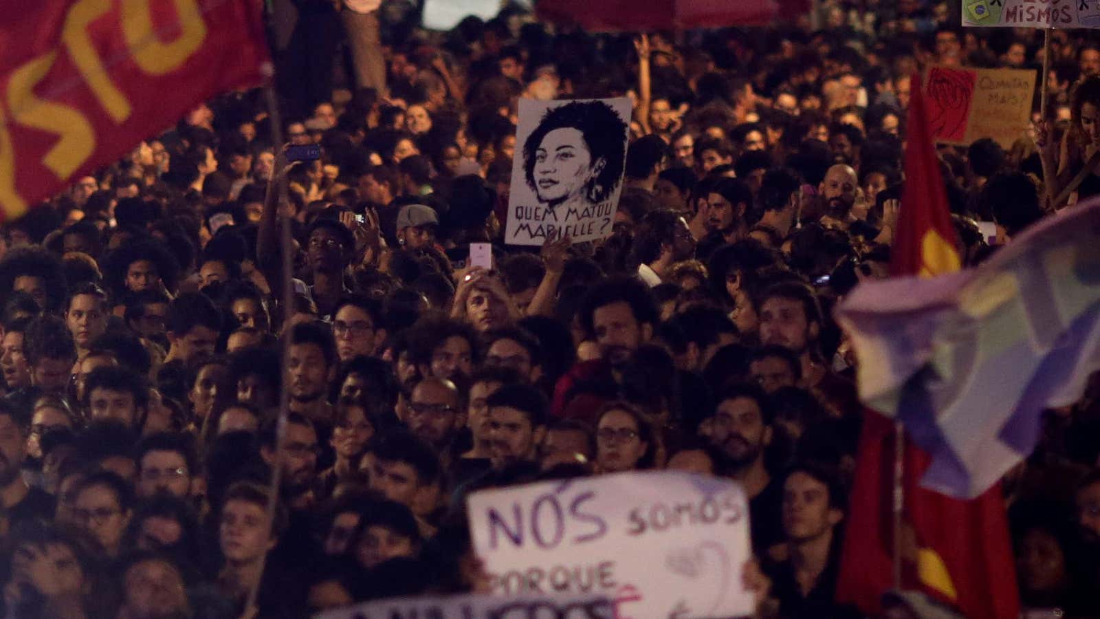 Demonstrators rally against the death of Rio de Janeiro city councilor Marielle Franco.