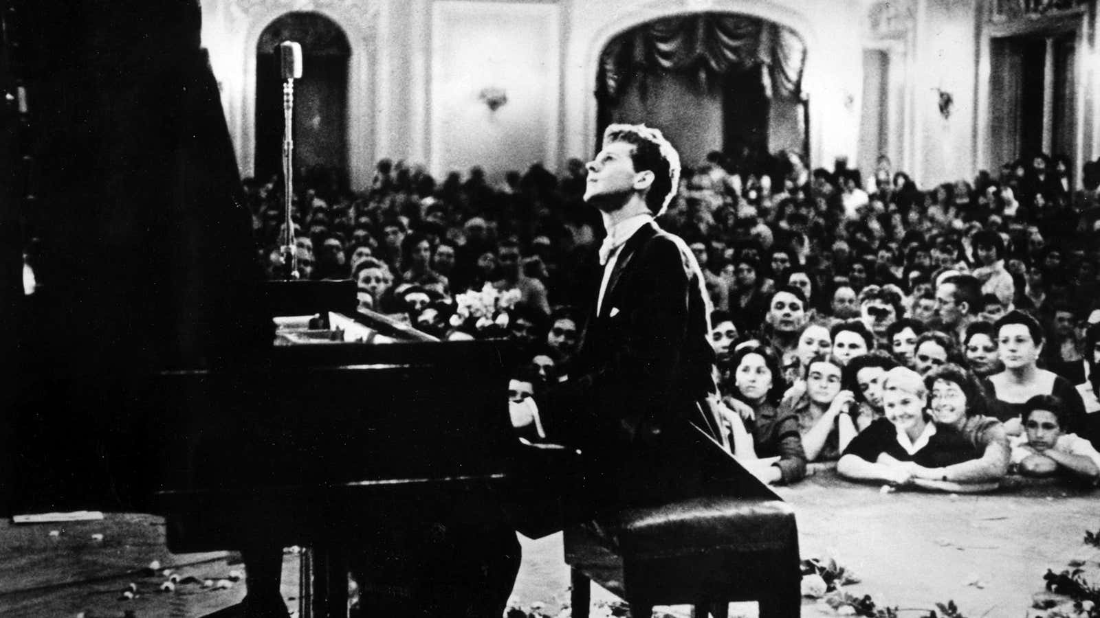 Van the man: Cliburn performs to a packed house  in the Great Hall of the Moscow Conservatory in Moscow, Russia, in April 1958 during the first International Tchaikovsky Competition, which he eventually won.