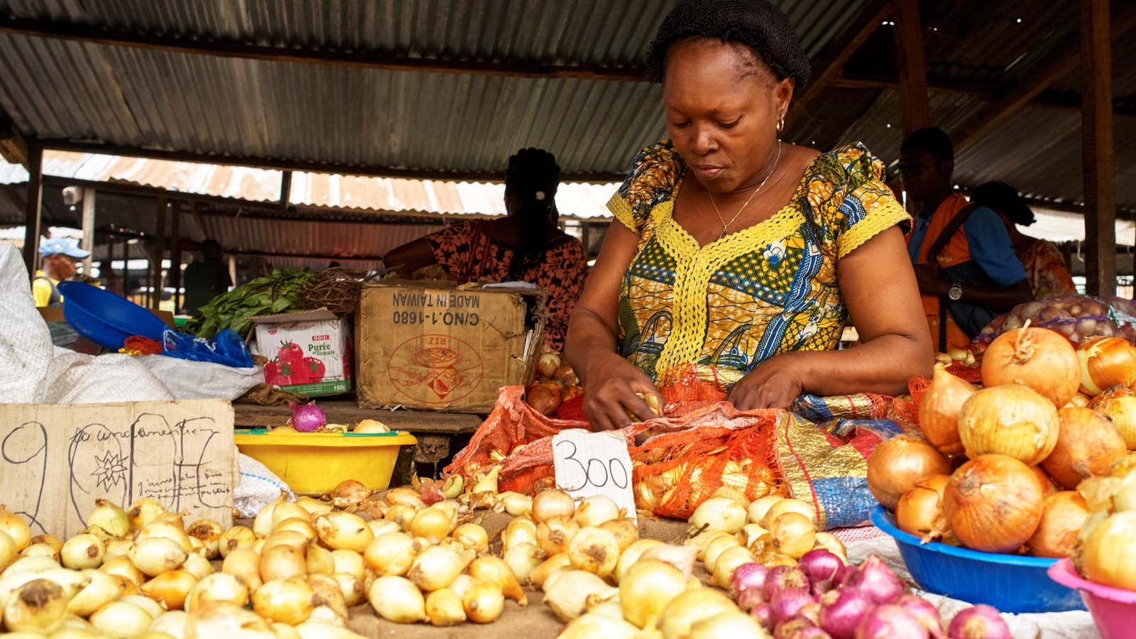 A vendor arranges onions and vegetables at her stall at the Sigida Market in Kinshasa.