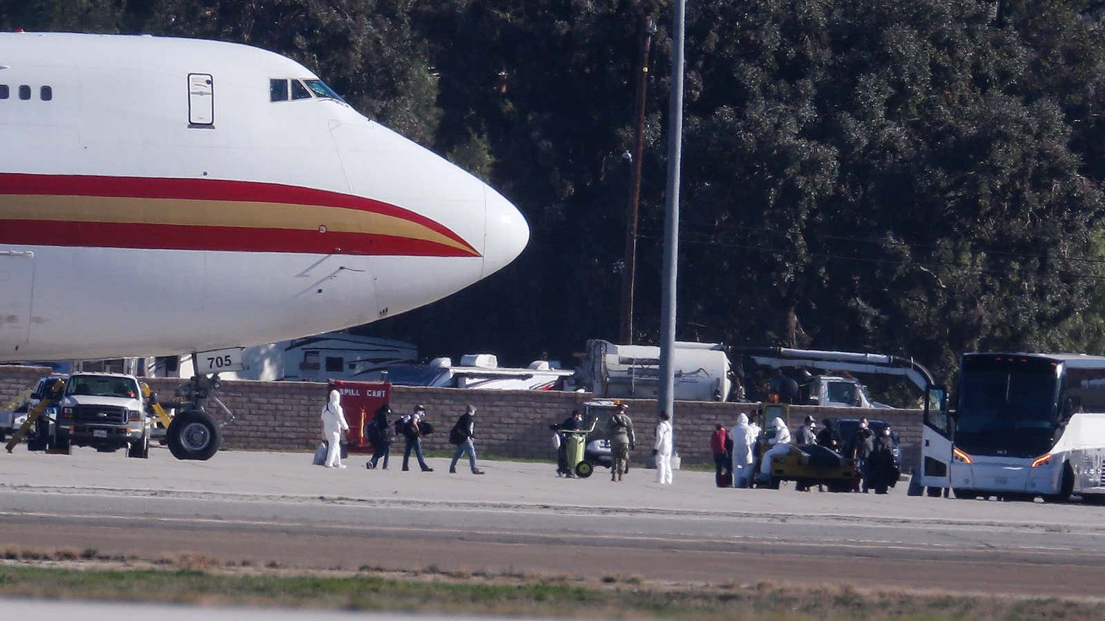 US citizens evacuated from Wuhan, China arrive at March Air Reserve Base in California. They’ll have the Super Bowl, at least.