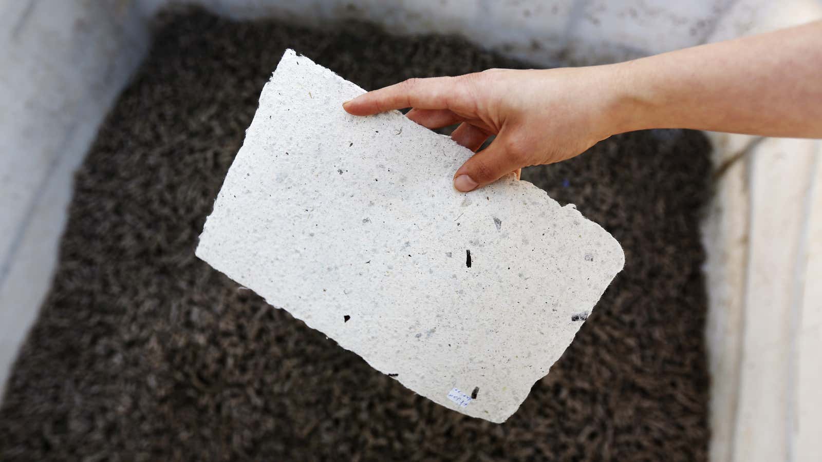 This paper was made with cellulose fibers picked out of a sewage mining system.