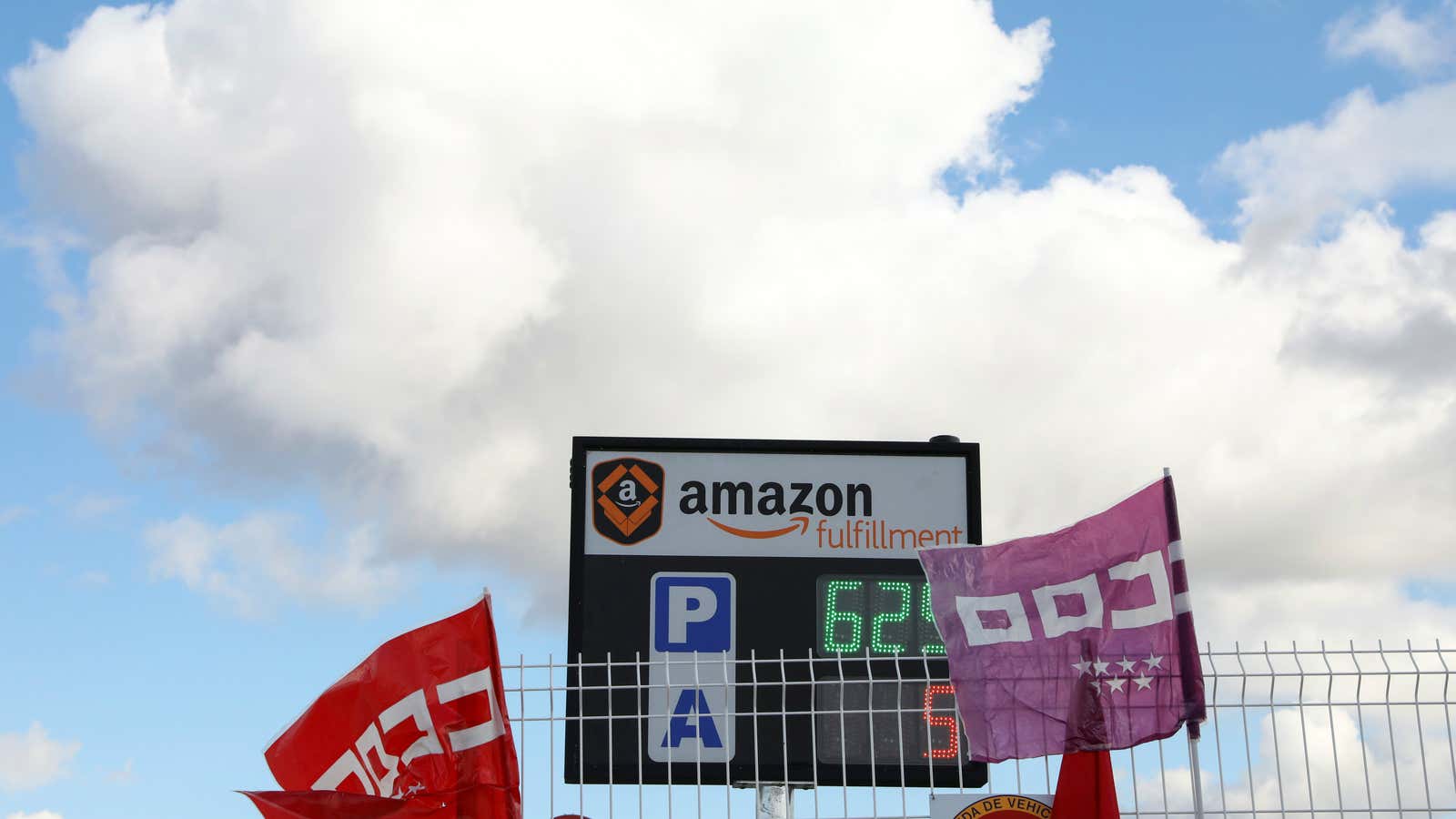 Spanish labor union flags at an Amazon facility near Madrid.