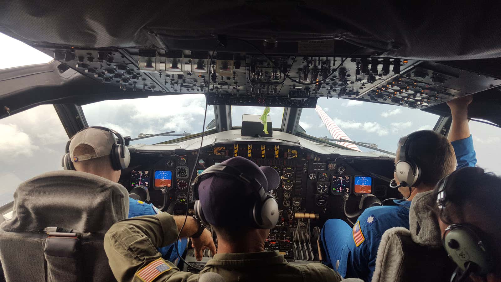 Flying directly into storms like Hurricane Harvey, which these people are doing in this photo, is not for the faint of heart.