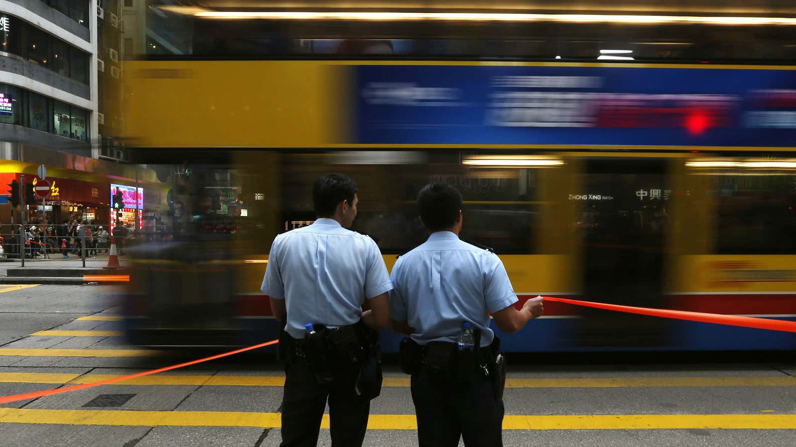 A bus drives along the recently cleared Nathan Road in Mong Kok.