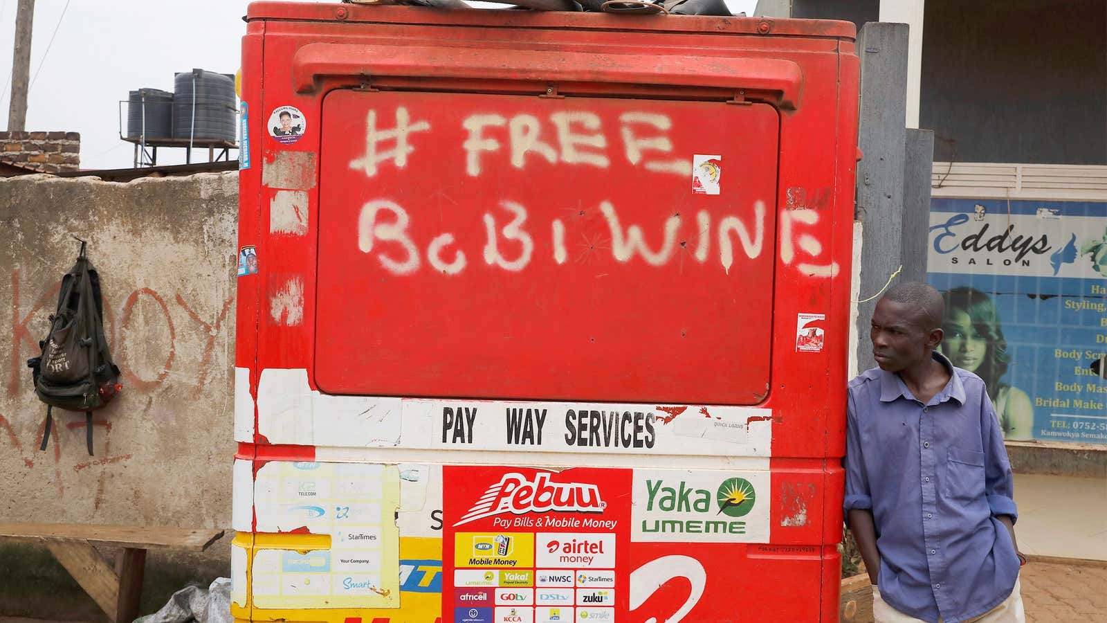 Graffiti calling to free Ugandan opposition presidential candidate Robert Kyagulanyi, in Kampala, Uganda Jan. 17, 2021.