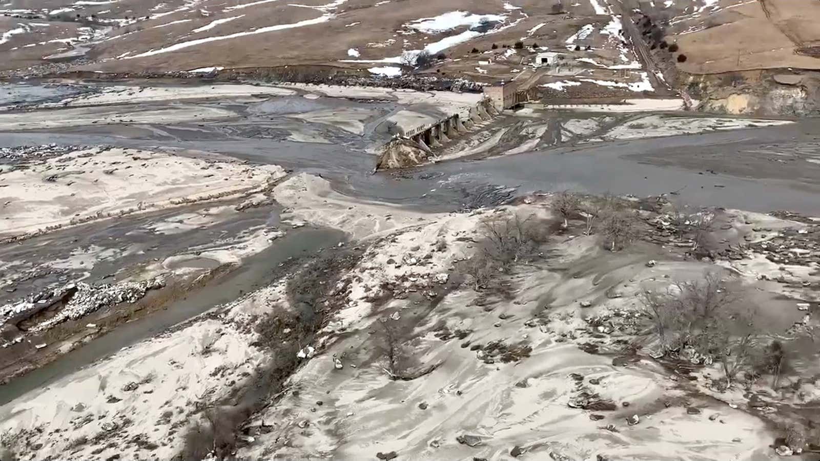 An aerial view of Spencer Dam on March 16.