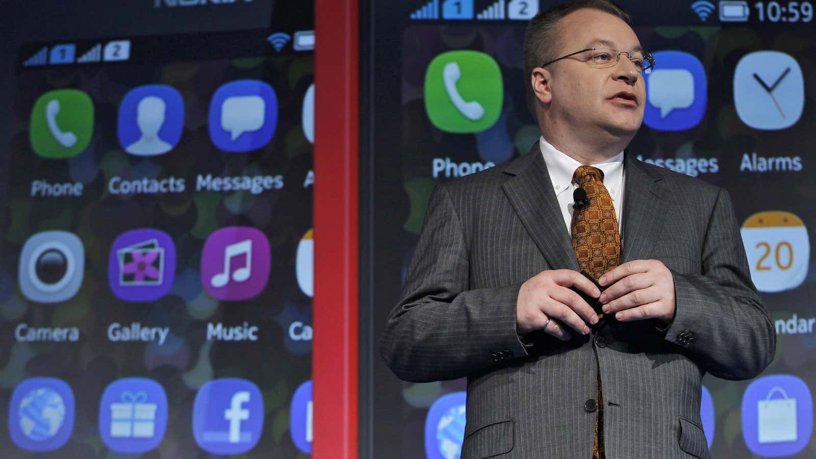 Nokia CEO Stephen Elop talks up the Asha 501, an almost-smart phone.