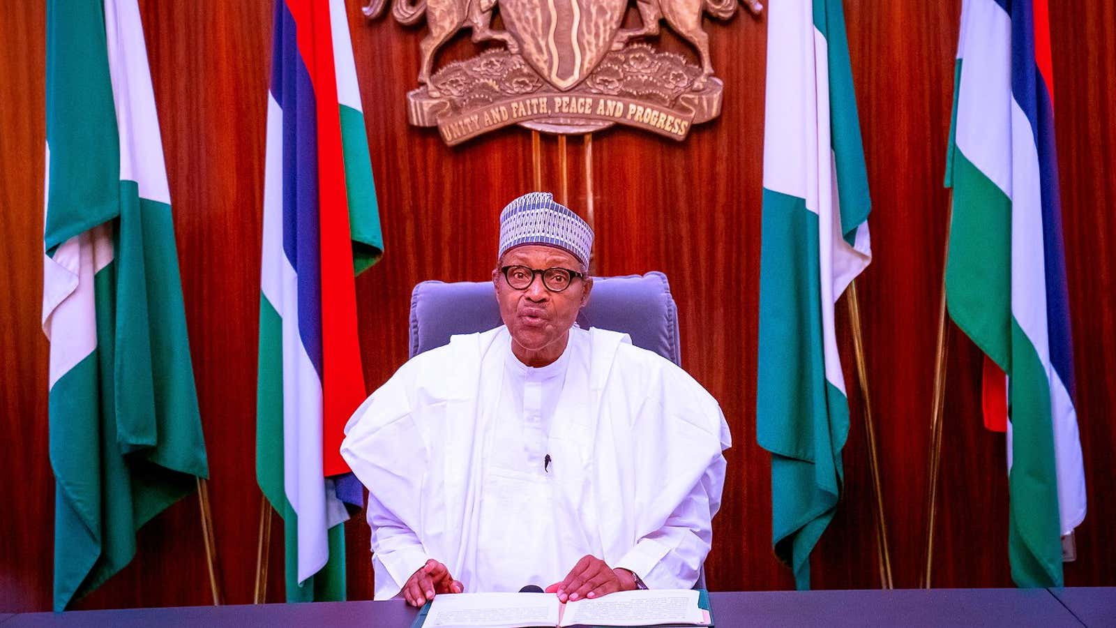 Nigerian President Muhammadu Buhari gives televised address in Abuja, Nigeria Oct. 22, 2020.