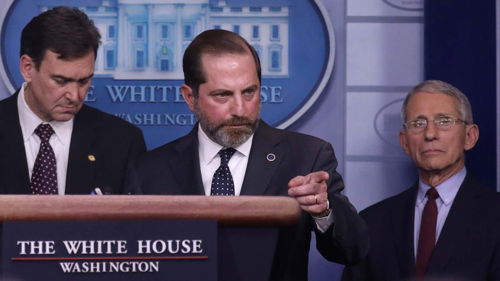 HHS secretary Alex Azar takes questions about the coronavirus response on Jan. 31, 2020.