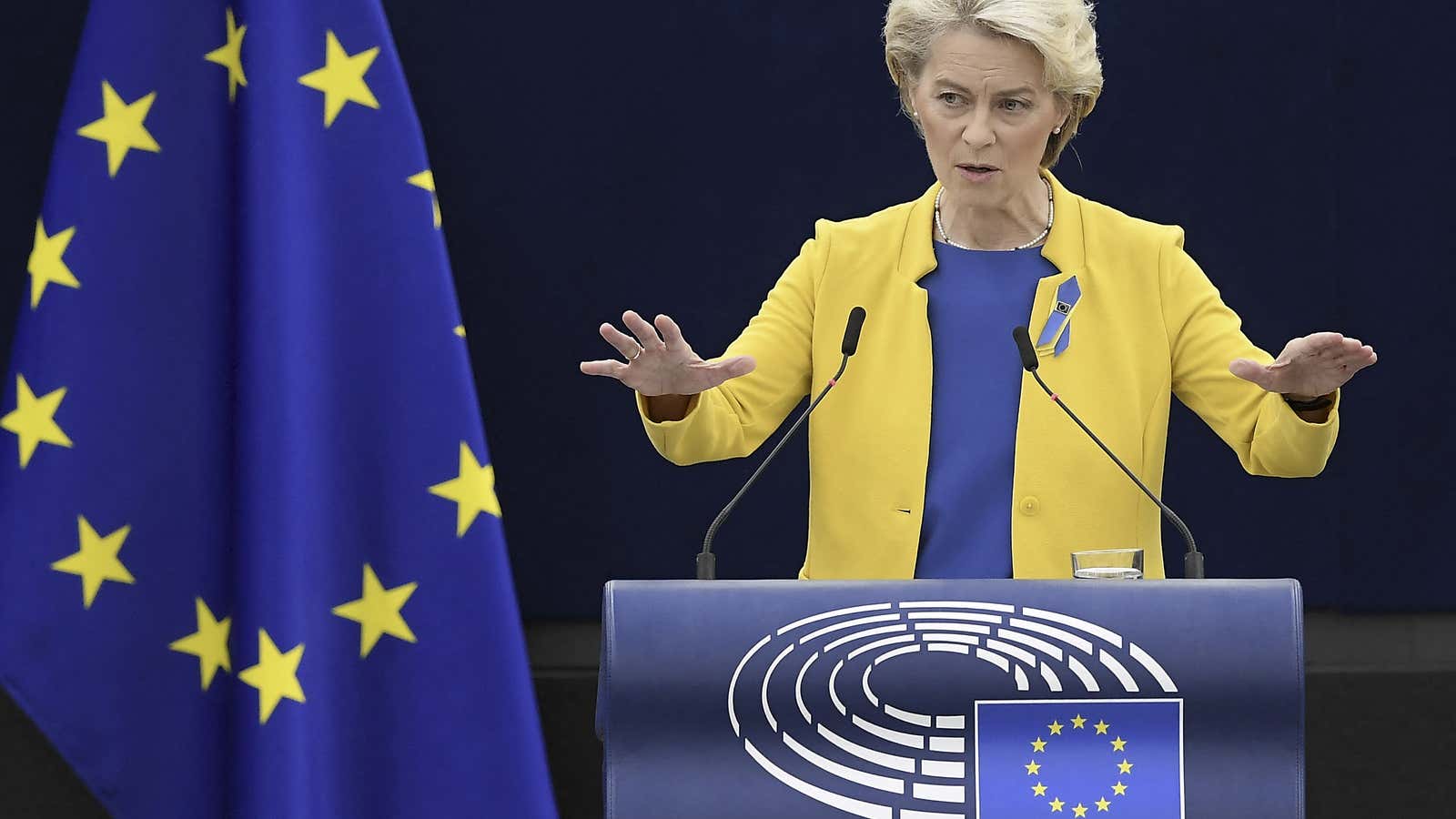 European Commission President Ursula von der Leyen delivers a speech during a debate on &quot;The State of the European Union&quot; as part of a plenary session in Strasbourg, eastern France, on September 14, 2022. 