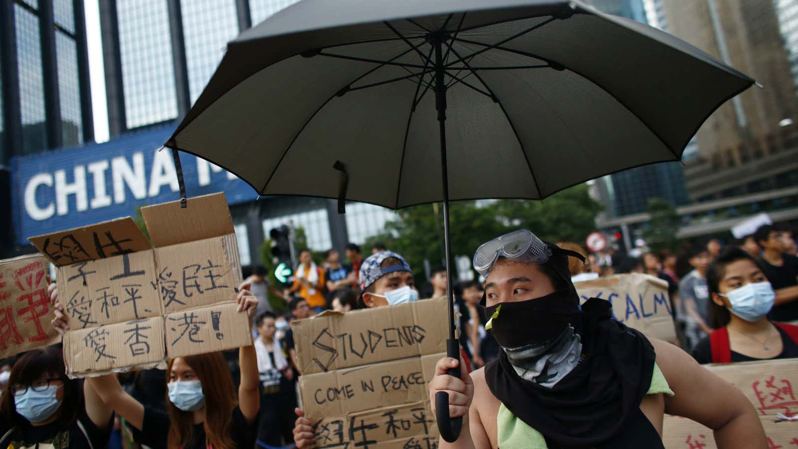 A protester outside Golden Bauhinia Square.