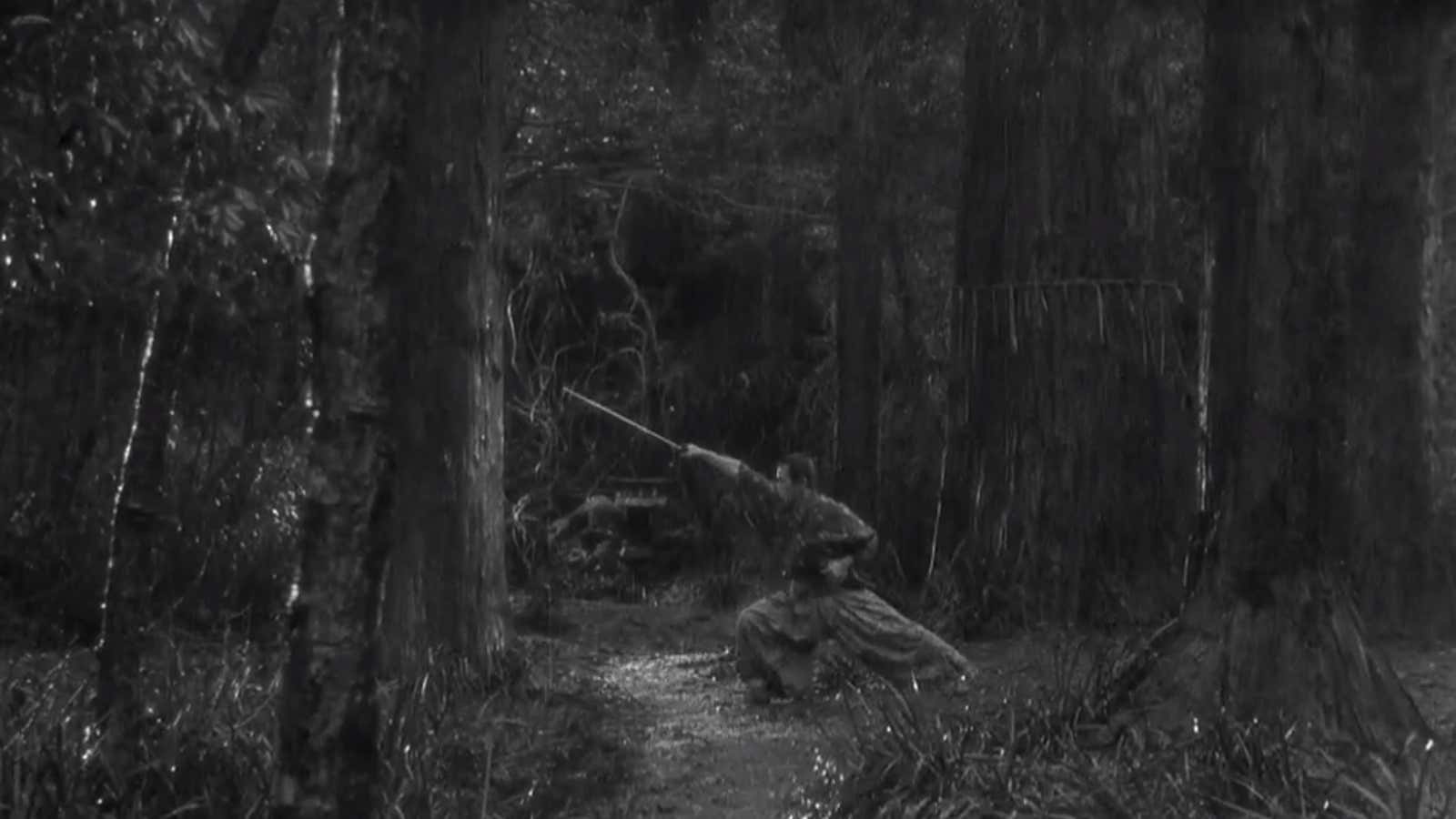 Kyūzō trains in the rain in “Seven Samurai.”