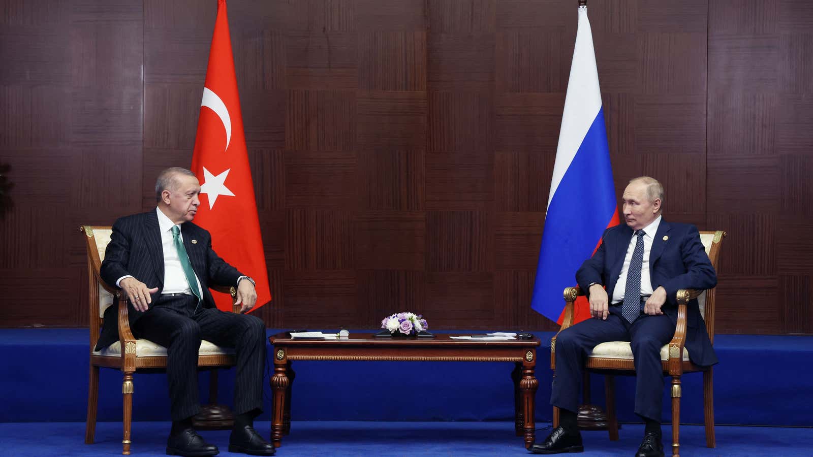 Russian president Vladimir Putin meets with Turkish president Recep Tayyip Erdogan on the sidelines of the Sixth Summit of the Conference on Interaction and Confidence Building Measures in Asia (CICA) in Astana on October 13, 2022.