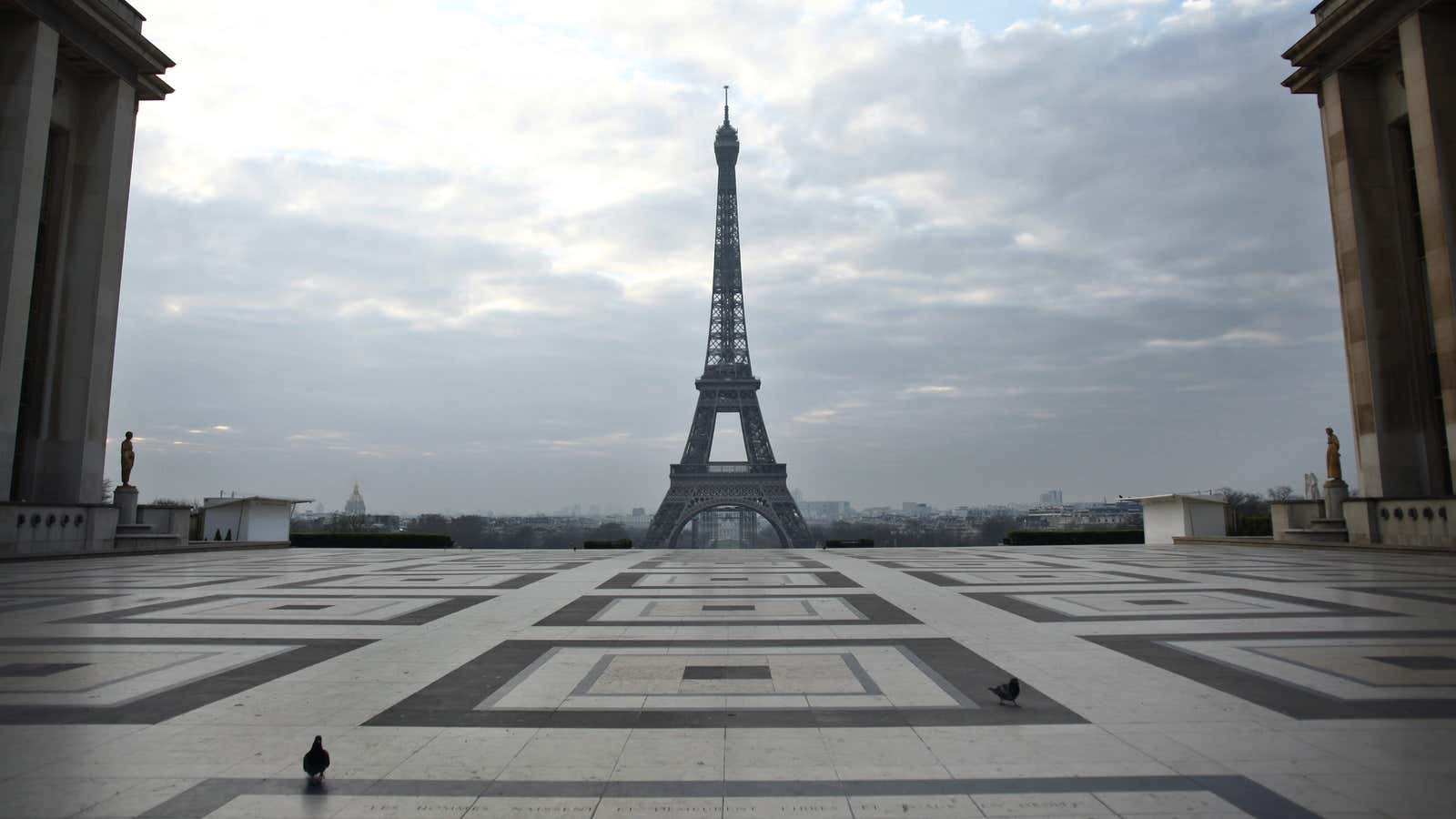 The Trocadero square in front of Paris’ Eiffel Tower is now the preserve of pigeons.