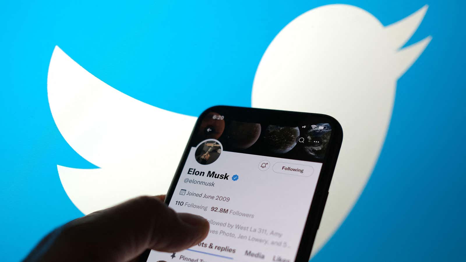 Twitter&#39;s current logo and the Twitter account of Elon Musk, the person who might change it.