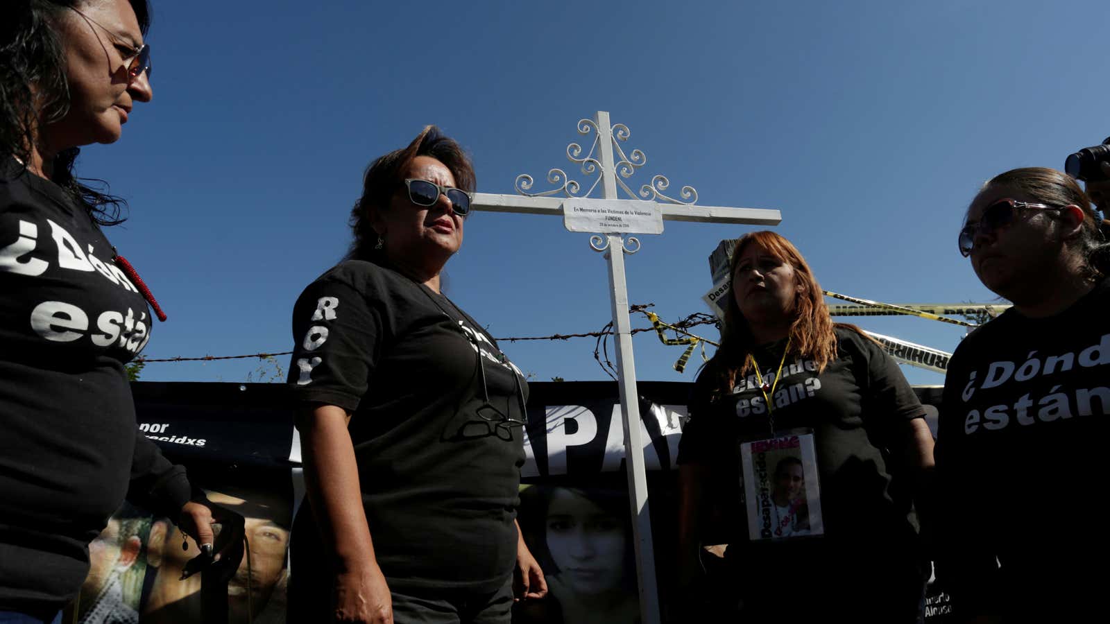 A cross in memory of the missing persons at the site where several bodies were found in mass graves in the municipality of Salinas Victoria, Nuevo Leon, Mexico