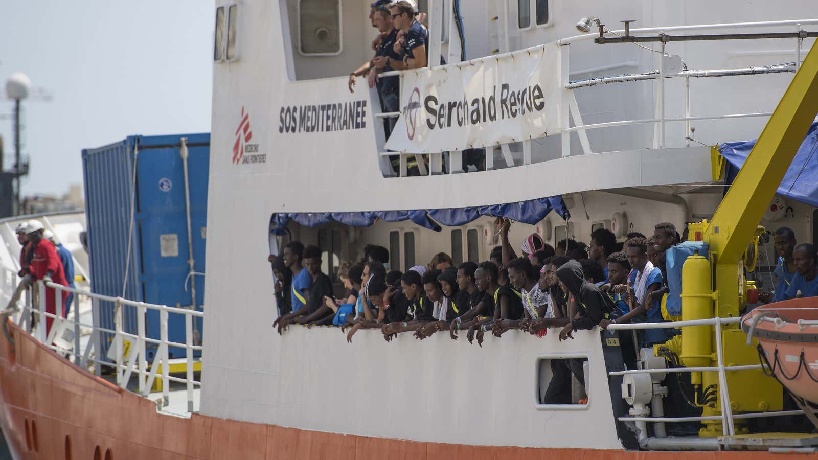 A rescue boat ferrying migrants.