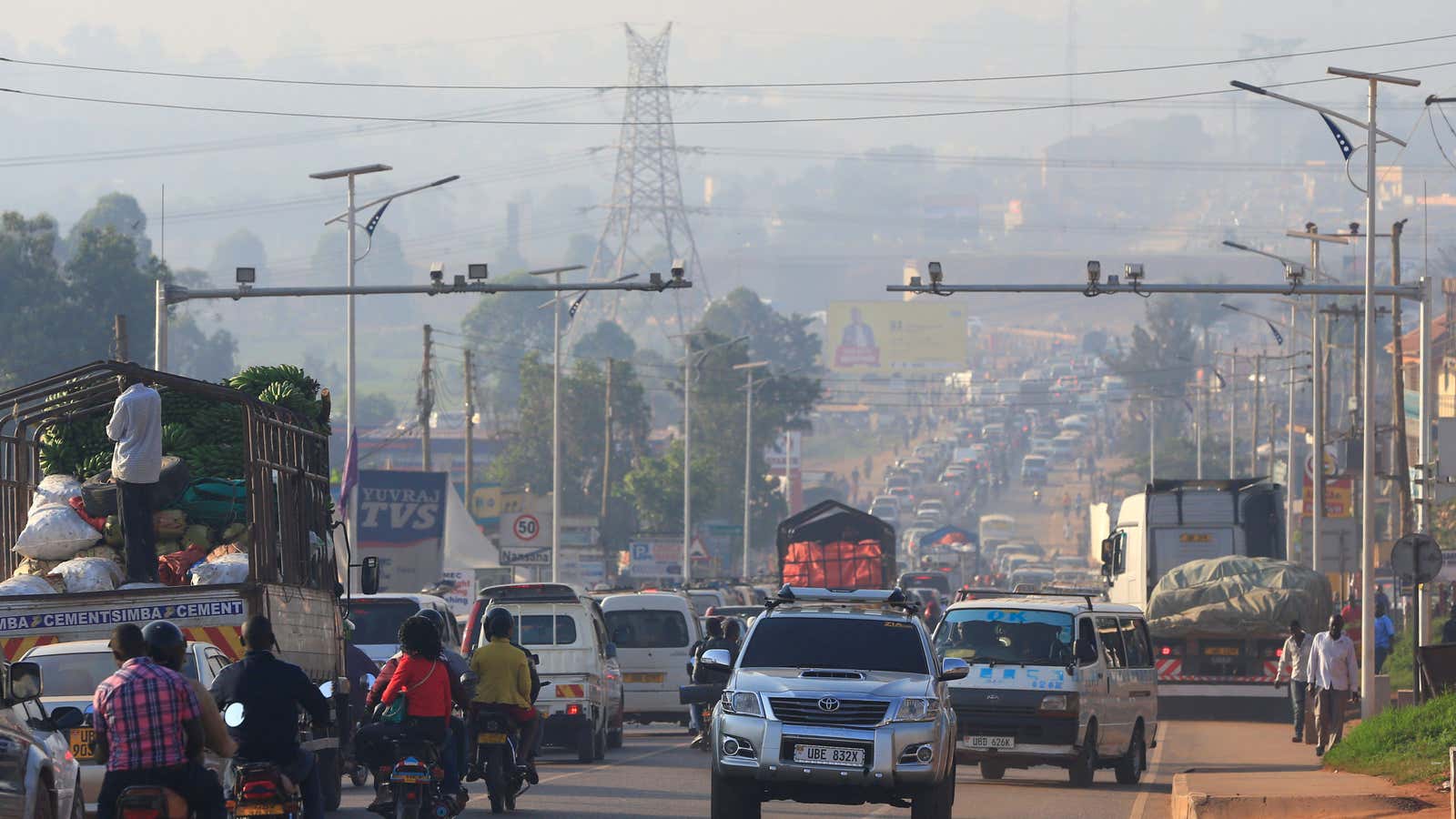 Traffic flows under the surveillance closed-circuit television camera (CCTV) system along Hoima road in Kampala, Uganda.